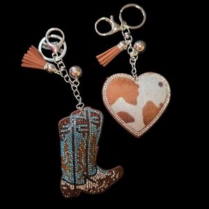Western Rhinestone Bag Charm & Keychain Set – Cowboy Boot & Cowhide Heart